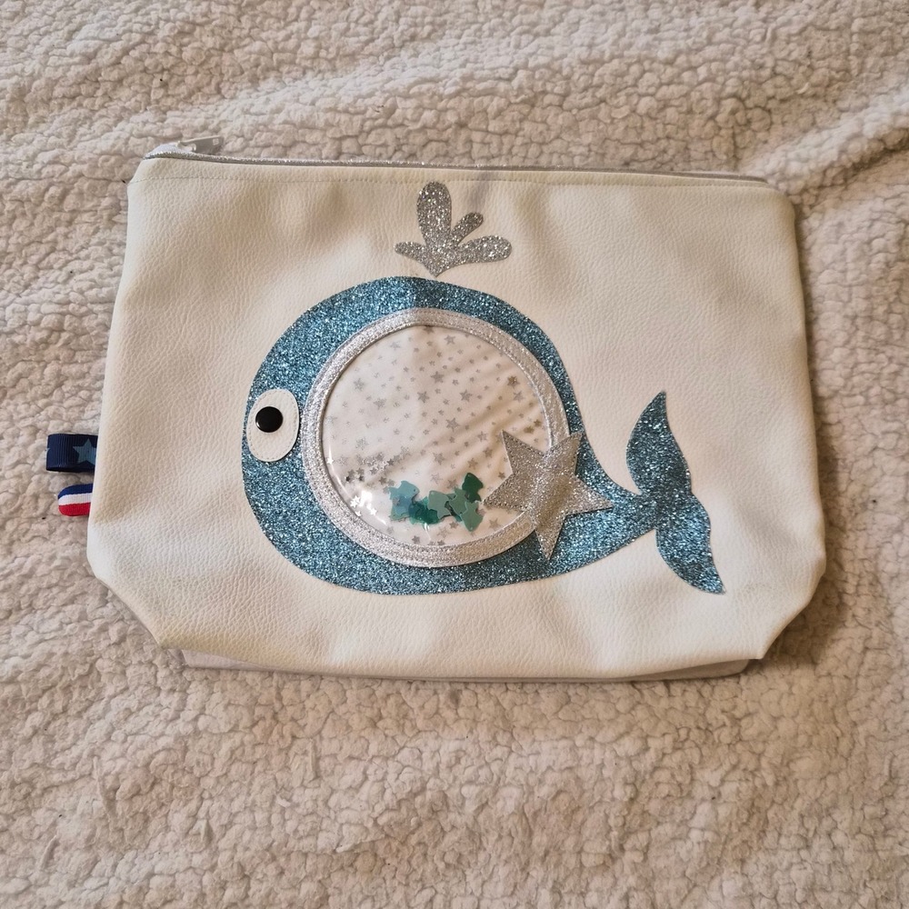 Blue Glitter Whale Shaker Cosmetic Bag White Faux Leather Star Print Pouch Beach